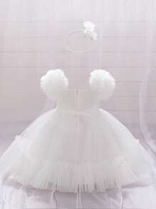Baby Girls Bowknot Tulle Party Dress, Suitable For Birthday, Wedding, Flower Girl