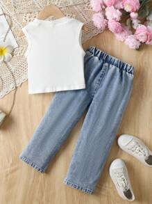 Young Girl Solid Ribbed Sleeveless Denim Effect Pants Set