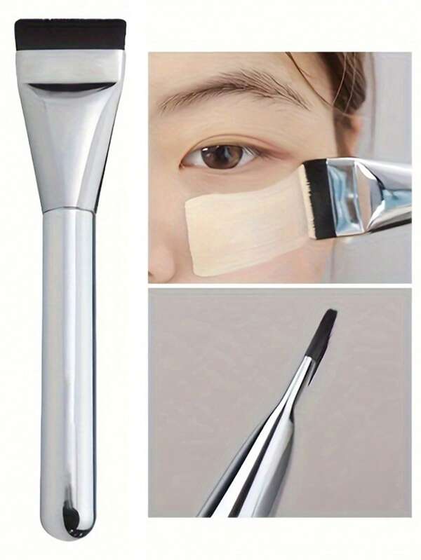 2 piezas Pincel ultra delgado para base de maquillaje, pincel ligero para contorno facial, pincel plano para mascarilla, pincel para mezclar crema de maquillaje,pincel de base de maquillaje color plateado, herramienta de maquillaje, pincel plano para base líquida