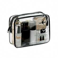 1 pieza Bolsa de tocador negra y transparente portátil, Estuche de viaje, Bolsa cosmética impermeable para avión, Bolso de viaje para hombres y mujeres para vacaciones, negocios, playa de verano, accesorios de viaje, suministros para graduación y regreso a la escuela