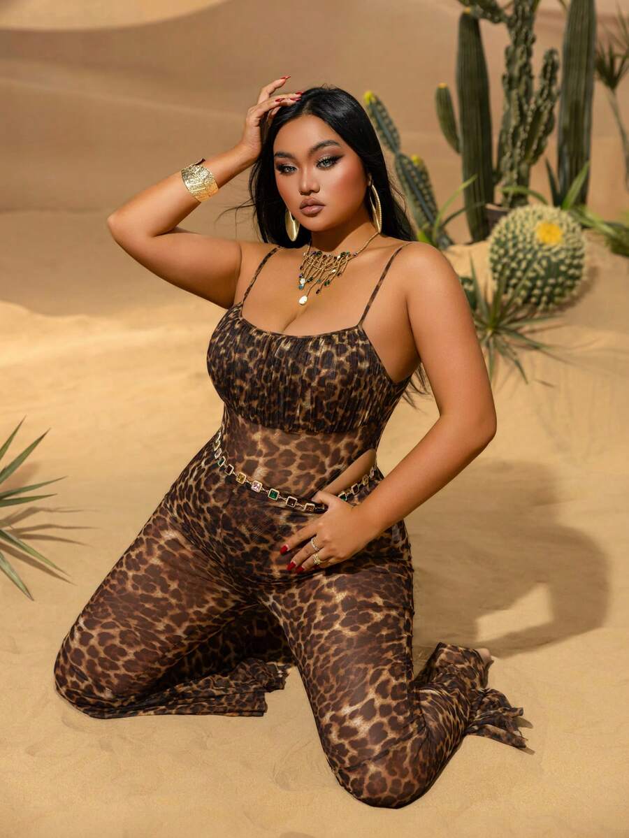 Plus Chic Leopard Print Cami Romper & Flared Pants Set – Summer Outfit For Street Style, Poolside Evenings & Stylish Urban Outings - Brown - View 1