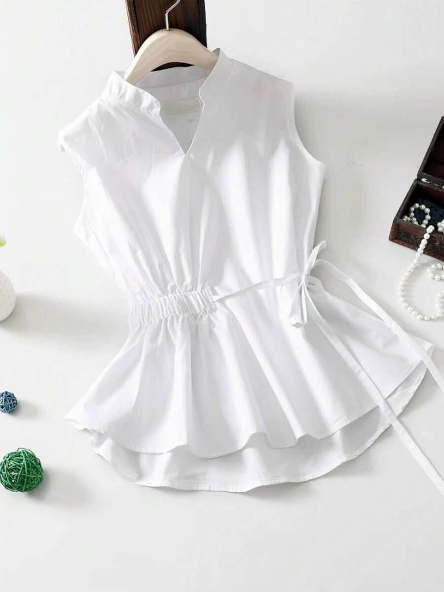 女士夏季休闲纯色抽绳腰无袖衬衫。女士无袖衬衫上衣