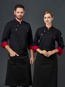 New Custom Diagonal Double Buckle Color Block Fashion Black Chef Uniform, Unisex Long Sleeve, Suitable For Autumn/Winter, Premium Quality For Hotel, Western Restaurant, Fast Food Shop, Cafe, Bakery, Breathable, Wrinkle-Resistant, Stand Collar Design, Stretchy Fabric, Loose Fit