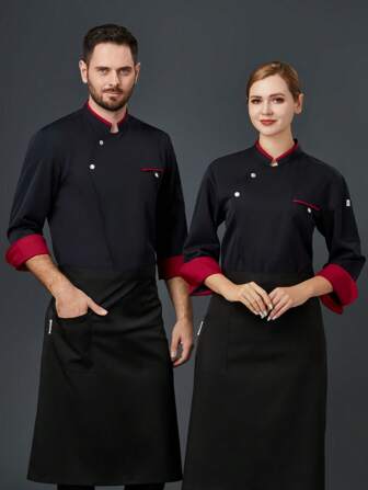 New Custom Diagonal Double Buckle Color Block Fashion Black Chef Uniform, Unisex Long Sleeve, Suitable For Autumn/Winter, Premium Quality For Hotel, Western Restaurant, Fast Food Shop, Cafe, Bakery, Breathable, Wrinkle-Resistant, Stand Collar Design, Stretchy Fabric, Loose Fit