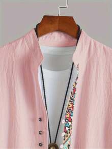 Men's Geometric Print Short Sleeve Single-Breasted Casual Shirt - Pink - View 4
