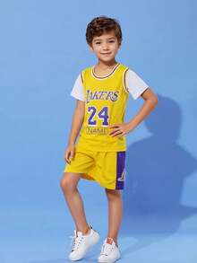 2pcs Kids Basketball Jersey Set - #24, Customizable Name, Boys Basketball Uniform, Personalized Sports Tee And Shorts, Summer Children Activewear, Training & Daily Casual Wear, Multi-Functional, Ornamental, Letter, Stylish, Modern, Colorful, Cute, Adorable, Casual, Custom, Personalized, Unique, Customized, Ideal Gifts For Him, Ideal Gifts For Her - Yellow - View 3