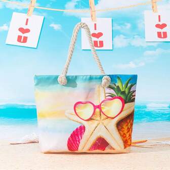 New Pineapple Print Casual Large Capacity Tote Bag, Suitable For Vacation