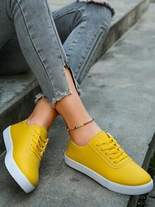 Women's White Platform Canvas Sneakers, Thick Sole Casual Sports Shoes, Net Celebrity Style, Non-Slip Elevated Leather Casual Shoes For Students - Yellow - View 5