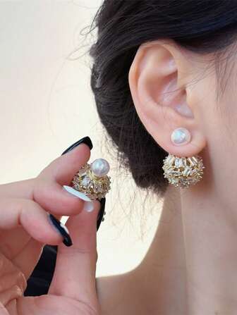 1 paire de boucles d'oreilles à tige perle et zirconium ronde, boucles d'oreilles élégantes de style de célébrité de luxe, design unique