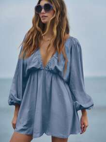 Women's Summer Vacation Solid Color Deep V-Neck Lantern Sleeve Backless Dress