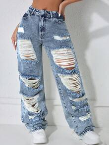 High Waist Street Vintage Cassual Basic Grey Ripped Vent Waisted Slanted Pocket Slit Straight Leg Boyfriend Women's Jeans