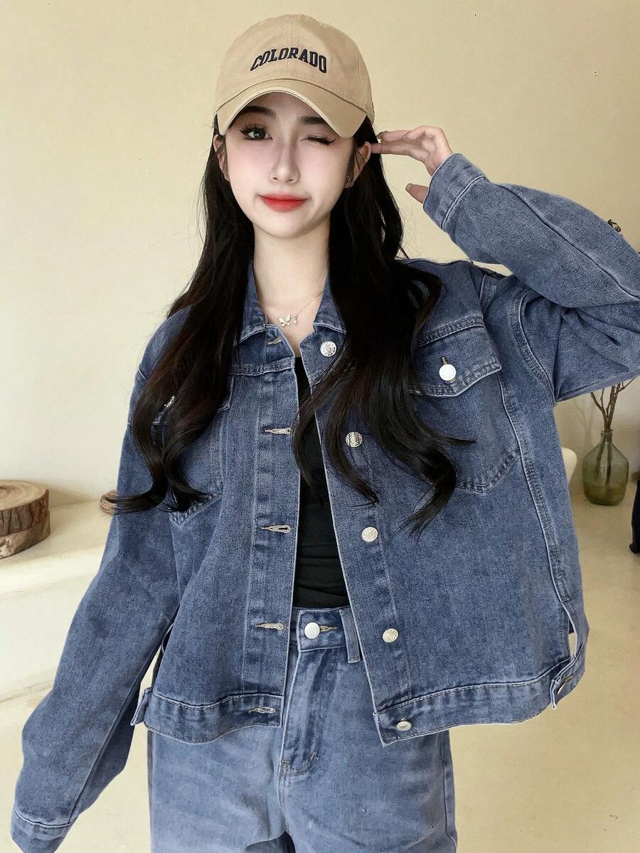 女士蓝领长袖宽松休闲牛仔夹克和外套，秋冬