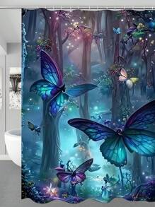 1/4 Pcs Butterfly Printed Bathroom Shower Curtain Set, Fashion Bathroom Decoration, Waterproof Fabric Shower Curtain Set With 12 Hooks, Anti-Slip Bathroom Mat, U-Shaped Toilet Seat Cover Bathroom Accessories