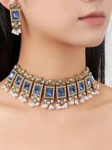European Retro Exaggerated Boho Rhinestone, Pearl, Geometric Pendant Necklace & Tassel Earrings 3pcs Set - Blue - View 1