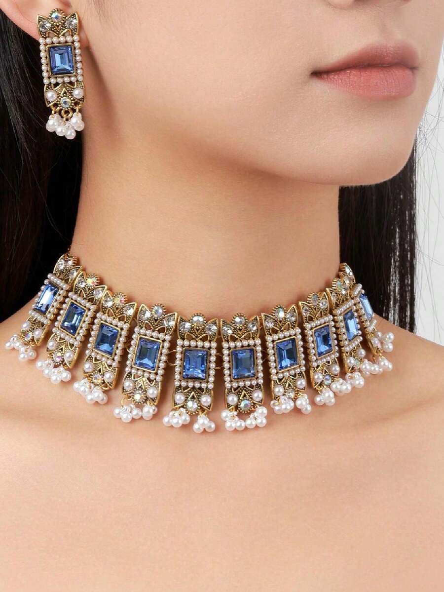European Retro Exaggerated Boho Rhinestone, Pearl, Geometric Pendant Necklace & Tassel Earrings 3pcs Set - Blue - View 1