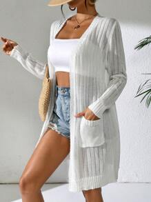 Women's Lightweight Solid Color Long Sleeve Dual Pocket Open Front Casual Long Cover Up, Spring/Summer