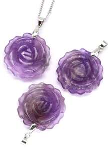 Natural Gemstone Carved Rose Flower Stone Pendant Amethyst Healing Crystal Necklace DIY Jewelry Bead Charm Women Valentine Gift