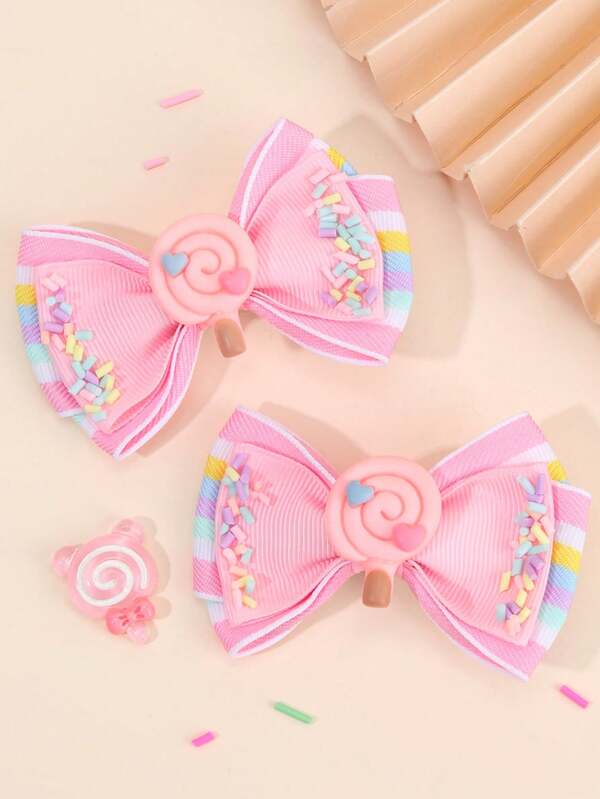 2 rosa Satin-Haarschleifen für Mädchen – rosa Lollipop-Anhänger und Regenbogenstreifen, süße Haarspangen für Kleinkinder, Zubehör für Geburtstags- und Sommerpartys, Haarschmuck für Kinder und Teenager, geeignet für den Alltag