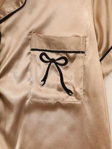 女士缎面蝴蝶刺绣短袖纽扣衬衫短裤睡衣套装（2件套），夏季休闲睡衣 - 香檳色 - 查看 5