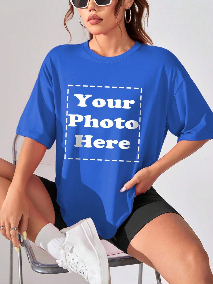 Customized Sports Personalized Gifts, Customized Women's T-Shirt, Add Photos (Selfie/Landscape/Family Portrait/Friends/Couple/Pattern/Pets, Etc.), Design Your Exclusive Personalized Printed T-Shirt As A Gift For Your Girlfriend - Blue - View 1