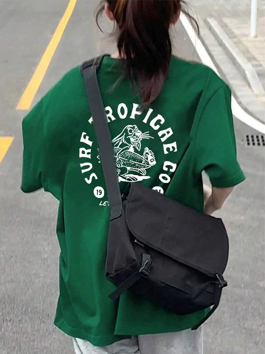 日式女款寬鬆休閒圖案兔子印花短袖T恤,春/夏 - 綠色 - 查看 1
