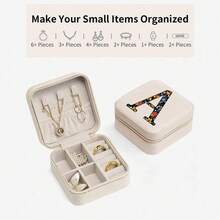 صندوق مجوهرات من الجلد الصناعي مزخرف بزهور مع 26 حرفًا، مناسب كهدية، مزود بأجزاء قابلة للإزالة وحجم محمول