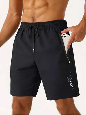 New Summer Lightweight Men's Shorts, 4-Way Stretch, Loose Fit 5-Inch Inseam, Men's Sports Shorts, Beach Shorts, Fitness Shorts, Running Shorts With Pockets, Zipper, Reflective Print, Solid Color