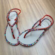 Women's Luxury Rhinestone Flat Sandal Art Griffe Paris Christmas New Year's Eve - 橙色/象牙色 - 查看 3