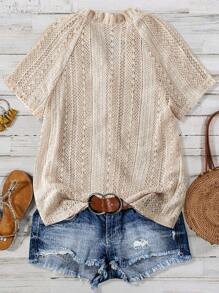 Women's Short Sleeve Shirt, Fashion Design Versatile Loose Fit Hollow Out