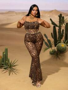 Plus Chic Leopard Print Cami Romper & Flared Pants Set – Summer Outfit For Street Style, Poolside Evenings & Stylish Urban Outings - Brown - View 7