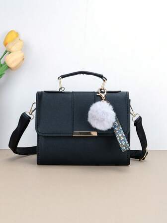 1PC Elegant Small Handbags Women's Top-Handle Bags For Commuting/Travel/Daily Used, Solid Color Casual Tote Ladies Crossbody Shoulder Bag With Plush Pendant