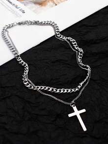1pc Unisex Stainless Steel Simple Cross Double Layer Necklace, Punk Style, Fashion Accessory, Sweater Chain Gift - Necklace - View 4