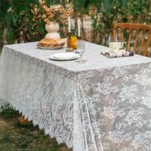 1pc White Lace Party Tablecloth, Wedding Decor Table Cloth, Suitable For Summer Picnic, Valentine's Day, Daily Decoration - White - View 6
