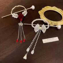 Vintage Rose Tassel Bow Tassel Hairpin Hair Clip Luxury Rhinestone Pearl Red Rose Hairpin Long Fringed Tassel Hair Accessories Hair Bun Hair Bun Maker Bun Hair Piece Hair Styling Pins