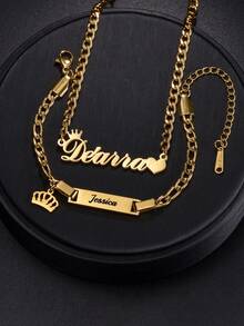 1Set Customized Name Necklace Bracelet Set, 18K Gold Plated Stainless Steel Jewelry For Girls, Graduation Gift, Class Of 2026 - Gold - View 16