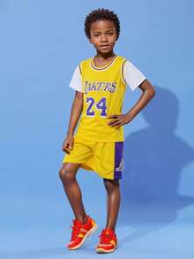 2pcs Kids Basketball Jersey Set - #24, Customizable Name, Boys Basketball Uniform, Personalized Sports Tee And Shorts, Summer Children Activewear, Training & Daily Casual Wear, Multi-Functional, Ornamental, Letter, Stylish, Modern, Colorful, Cute, Adorable, Casual, Custom, Personalized, Unique, Customized, Ideal Gifts For Him, Ideal Gifts For Her - Yellow - View 6