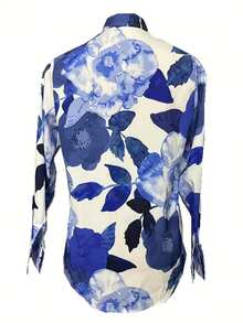 2025 Spring/Autumn New European & American Fashion Print Lapel Button-Up Long Sleeve Blouse, Elegant Women Shirts - Blue - View 3
