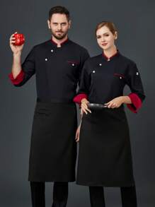 New Custom Diagonal Double Buckle Color Block Fashion Black Chef Uniform, Unisex Long Sleeve, Suitable For Autumn/Winter, Premium Quality For Hotel, Western Restaurant, Fast Food Shop, Cafe, Bakery, Breathable, Wrinkle-Resistant, Stand Collar Design, Stretchy Fabric, Loose Fit