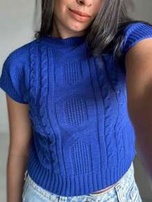 Modal Knit Blouse Chinese Sleeve With Braid Details Women's Fashion Cropped Premium - 寶藍色 - 查看 2