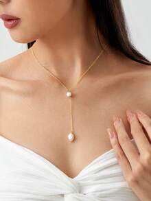 1 件 18K 镀金天然珍珠 Y 形项链，适合女士 - 白色 - 查看 3