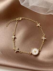 1 件微镶嵌锆石梅花手链，韩国别致设计，尾链上珠子随机或无珠 - 金黃色 - 查看 4