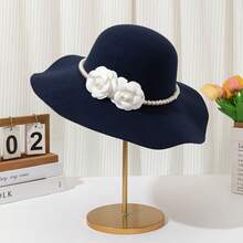 قبعة حجر واسعة الحافة مزينة بالأزهار واللؤلؤ للنساء، أنيقة للزفاف والاستخدام اليومي وأوقات قضاء العطلات