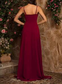 Robe maxi élégante pour demoiselle d'honneur ou mariée, avec col en V, fines bretelles, sans manches, fente haute, design plissé en forme A, mettant la silhouette en valeur, dans une couleur unie