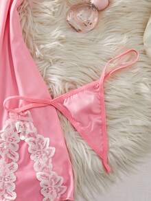 ROMWE Kawaii Contrast Lace Split Design Sexy Charm Women Nightgown With G-String, Lingerie Set, Rave For Going Out - Pink - View 5