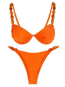 Bikini naranja sólido sexy, nuevo lanzamiento oficial de Polovedo, adecuado para la playa, vacaciones, fiestas y citas, primavera/verano - Naranja - Ver 2