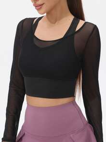 1 st Kvinnor Mesh Långärmad Kort Yoga T-shirt med inbyggd vadderad BH - Svart - Visa 5