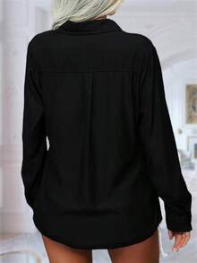 Womens Solid Lapel Long Sleeves Button Down Shirt Top Casual Basic Office Blouse - 黑色 - 查看 4