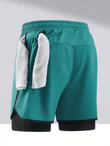 1 件男士二合一运动短裤，松紧腰休闲跑步短裤带衬里，适合春夏季健身、锻炼 - 墨綠色 - 查看 3