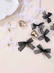 3pcs/Set Girls Lace Bow Heart Faux Pearl Beaded Necklace & Earrings Jewelry Set - Multicolor - View 6
