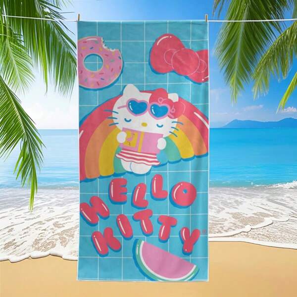 Sanrio 1pc Oversized Sanrio Hello Kitty Beach Towel - Quick Dry, Ultralight Microfiber With Pink Heart Pattern, Suitable For Travel, Camping, Swimming And Yoga